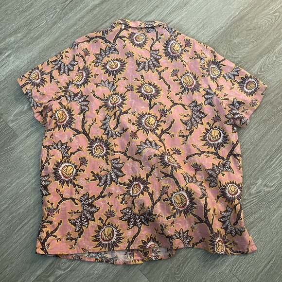 C & C California Women’s L Linen Blend Floral Button Blouse Pink Boho Hippie - Picture 5 of 5